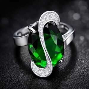 Women’s Sterling Silver Green Oval Stone Swirl Ring w/ CZ Accents Size 6